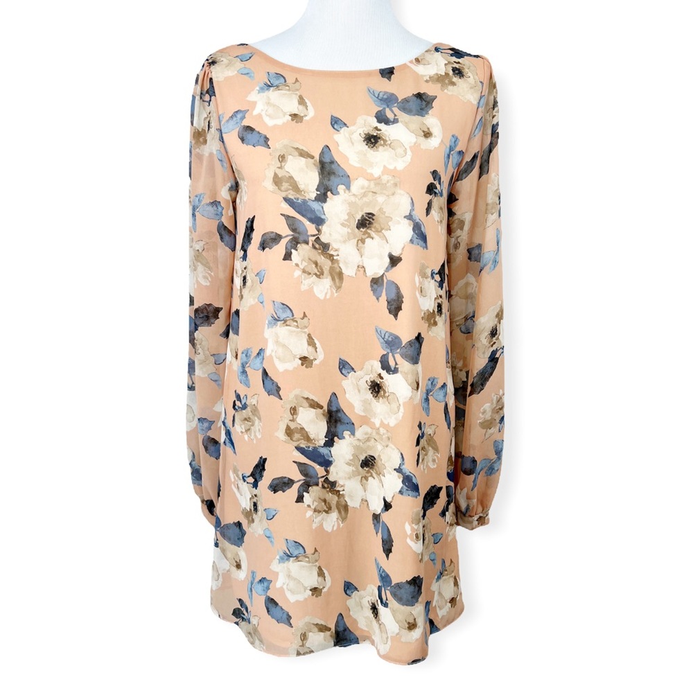 Lulus Blush Chiffon Floral Long Sleeve Shift Mini Dress Medium